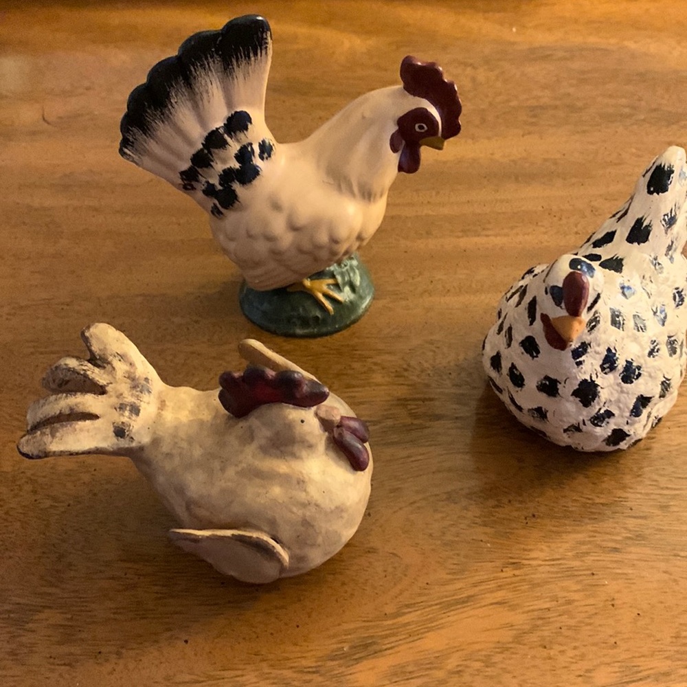 3 hand painted chickens